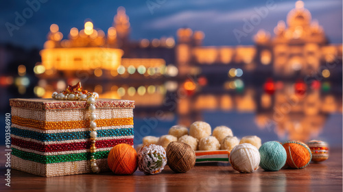 Festive indian sweets with city lights celebration dessert culture food photography marketing use