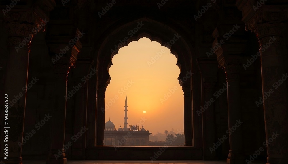 Naklejka premium Scenic view from mosque window during sunrise for Ramadan.