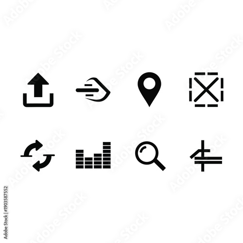 Collection of eight simple black icons representing data management and navigation on a white background, including upload, send, location, and search symbols.