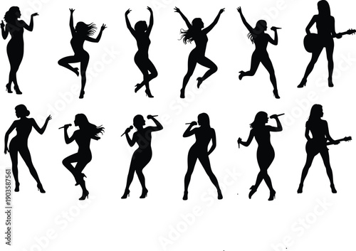 Female dancing and singing silhouettes collection showing energetic women performers with microphone and guitar, music stage vector isolated black illustration
