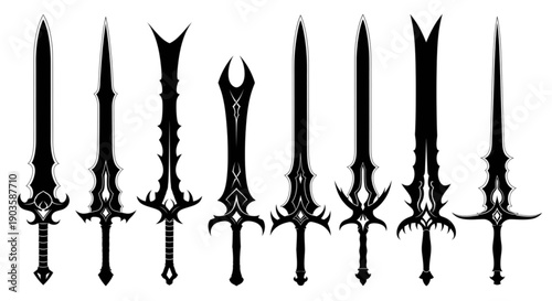A set of detailed fantasy gothic style sword silhouettes for design and illustration isolated on transparent background, Vector