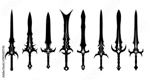 A detailed collection of eight fantasy sword designs in black silhouette isolated on transparent background, Vector
