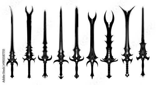 A set of fantasy swords with intricate and dark designs for video game or graphic design elements. isolated on transparent background, Vector