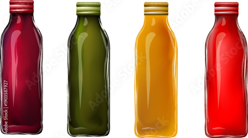 Glass bottles of freshly pressed juice, detox. Vector illustration