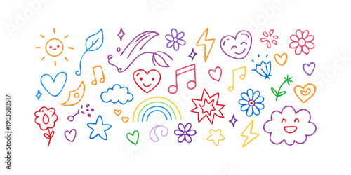 A vibrant and colorful collection of various doodle drawings and symbols