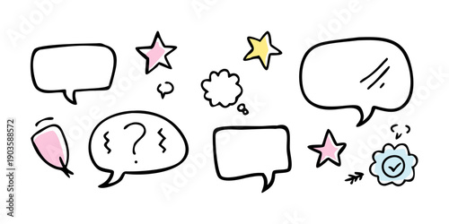 A collection of diverse speech bubbles and thought clouds with various symbols.
