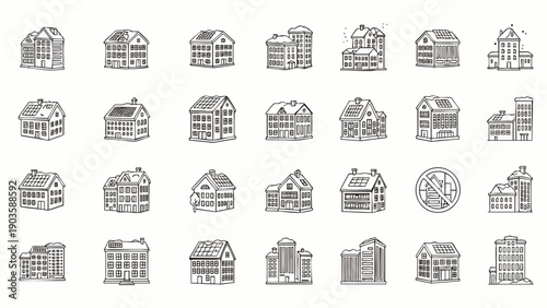 Hand-drawn collection of diverse building icons. Features residential houses, apartments, and commercial architecture in a detailed sketch line art style.