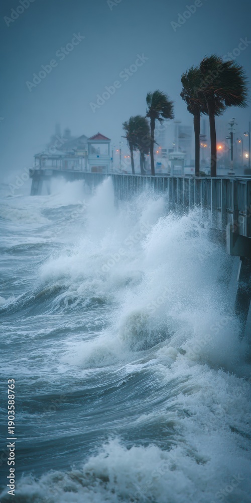 Fototapeta premium Dramatic Photojournalistic View of Stormy Southeast US Coastline Pier Battered by Massive Grey Ocean Waves, Climate Change Concept