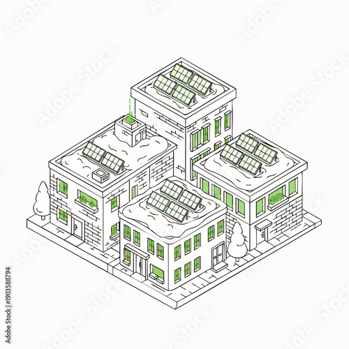 Isometric illustration of a sustainable city block with buildings featuring solar panels on rooftops, representing green energy and eco-friendly urban development.