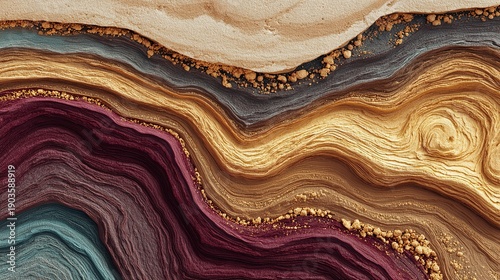 Abstract geological layers forming wave-like patterns in molten earth tones.