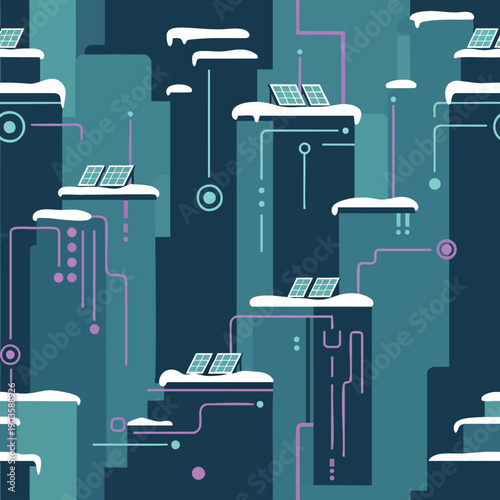 Seamless pattern of solar panels on snowy rooftops in a futuristic urban landscape, illustrating sustainable winter energy solutions and smart city technology.