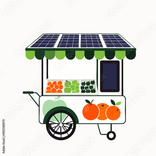 Eco-friendly fruit cart powered by solar energy, offering fresh produce. Sustainable street vending with green technology for healthy living.