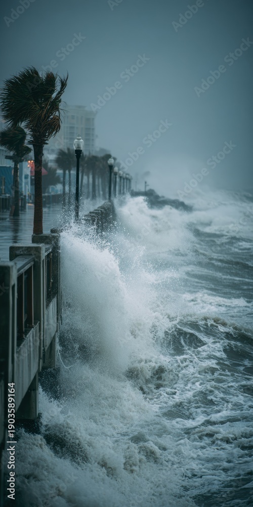 Fototapeta premium Dramatic Photojournalistic View of Stormy Southeast US Coastline Pier Battered by Massive Grey Ocean Waves, Climate Change Concept