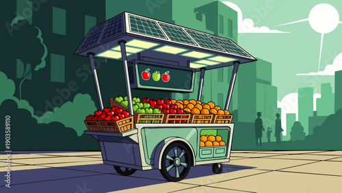 Solar-powered fruit cart selling fresh apples and oranges in a vibrant urban environment, promoting sustainable healthy eating and eco-friendly street vending.