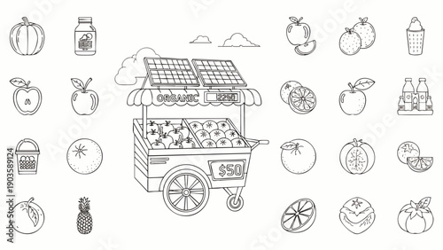 Organic fruit stand with solar panels, surrounded by various fresh fruits and healthy beverages in a clean line art style. Sustainable farmers market concept.
