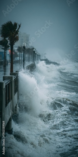 Dramatic Photojournalistic View of Stormy Southeast US Coastline Pier Battered by Massive Grey Ocean Waves, Climate Change Concept