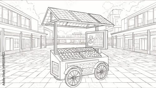 Line art illustration of a modern solar-powered street vendor cart in an urban market square, promoting sustainable small business and eco-friendly food sales.
