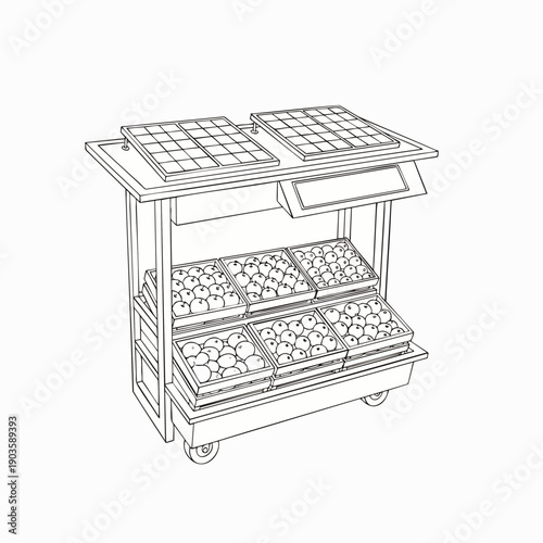 Line art illustration of a solar-powered mobile fruit and vegetable stand, showcasing fresh produce in crates, perfect for market concepts and sustainable food sales.
