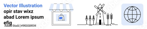 E-commerce, small businesses, rural landscapes, traditional farming, globalization, geography education. Storefront icon, windmill and globe symbol. E-commerce and small business ideas illustrated