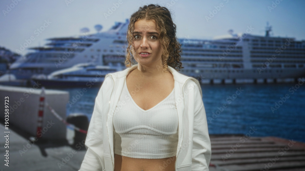 Fototapeta premium Woman with curly hair and visible bellybutton shows worried face and slightly hunched posture in studio with cruise ship backdrop; concern.