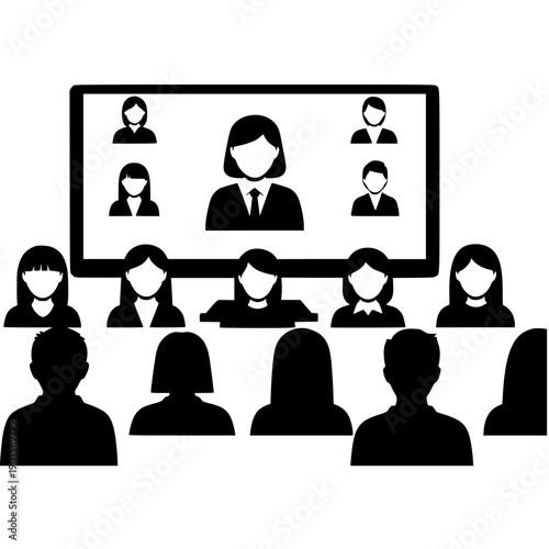 Illustrative depiction of a diverse group attending a remote virtual meeting or online classroom lecture via a large screen display interface