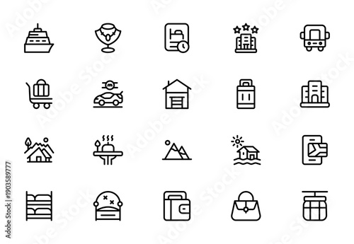 Luxury Travel and Holiday Essentials Line Icon Set – Premium Modern Minimal Outline Icons Collection Featuring Editable Vector Symbols for High-End Getaway, Tourism and Vacation Themes