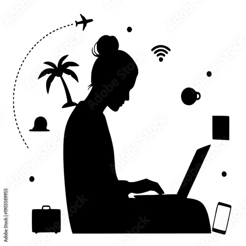 Silhouette graphic depicting a remote digital nomad woman working intensely on a laptop surrounded by travel and connectivity icons symbolizing location independence