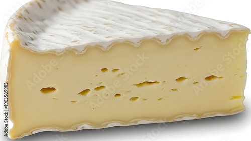 A close-up shot of a triangular wedge of soft cheese with a white bloomy rind and a pale yellow, creamy interior featuring small irregular holes.