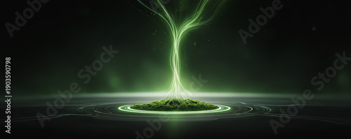 Abstract green light energy and nature technology concept showing powerful growth. mysterious and futuristic beam glows with hope and life