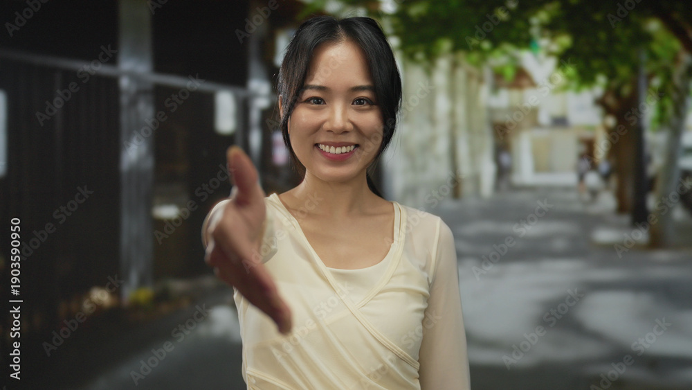 © Krakenimages.com - Woman smiling extends hand for handshake in urban street setting, showcasing a welcoming gesture amidst an inviting outdoor backdrop. © Krakenimages.com - Woman smiling extends hand for handshake in urban street setting, showcasing a welcoming gesture amidst an inviting outdoor backdrop.