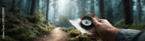 Hand holding compass and folded map for exploration on forest path. determined adventure finding direction and navigation through wild