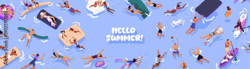Hello Summer banner design with border from people swimming in water top view. Template with frame from tourists floating on pool rafts and inflatable circles on sea holidays. Flat vector illustration