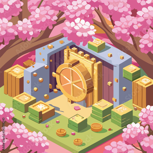 a whimsical isometric illustration showcases a treasure chest surrounded by blooming cherry blossoms and scattered golden coins inviting exploration