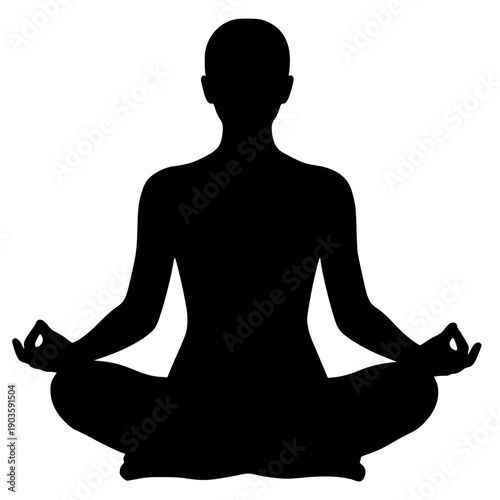 Black silhouette of a person sitting in the lotus position indicating deep meditation practice for spiritual health and total body relaxation exercises