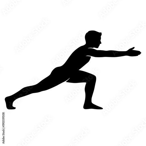 Silhouette graphic depicting a fit man performing a dynamic lunge exercise for strength training and flexible body posture improvement in fitness routines.