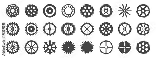 Cogwheel and Gear Silhouettes in Black, Mechanical Round Gear Shapes with Various Teeth Patterns, Vector Illustration