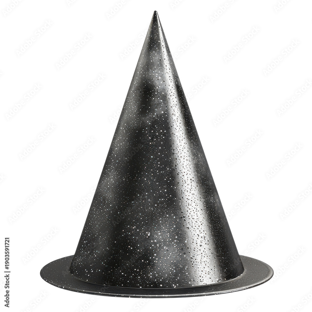 Fototapeta premium Black shiny cone hat with wide brim isolated on Transparent Background