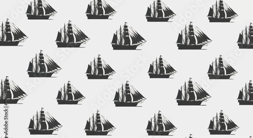 Seamless pattern of vintage sailing ships on a light background.