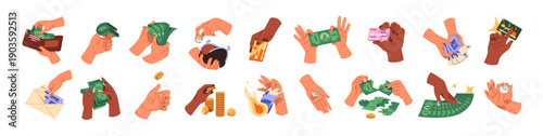 Hands with money set. Rich people hold banknotes, count and save up cash, pay by credit card and spend coins from wallet. Finances, wealth and savings. Flat isolated vector illustrations on white.