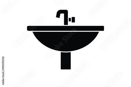 Bathroom sink silhouette with faucet and drain pipe isolated on white background plumbing equipment icon sign
