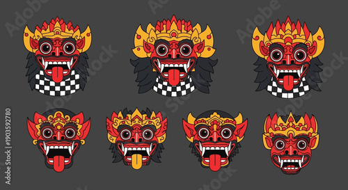 Set of colorful Barong masks with varying expressions and designs.