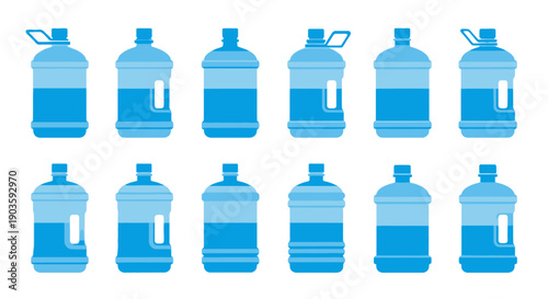 Collection of blue water bottles in various states of fullness.