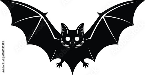 Black bat silhouette with spread wings illustration, spooky nocturnal animal icon representing Halloween, wildlife, mystery, gothic design, and horror theme isolated on white background