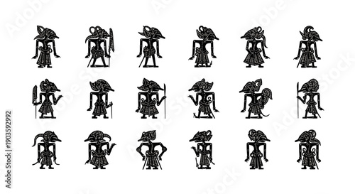 Collection of black silhouettes of people with umbrellas in various poses.