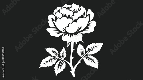 Elegant stylized white rose vector illustration with thorny stem and leaves on a dark background, vintage floral emblem design
