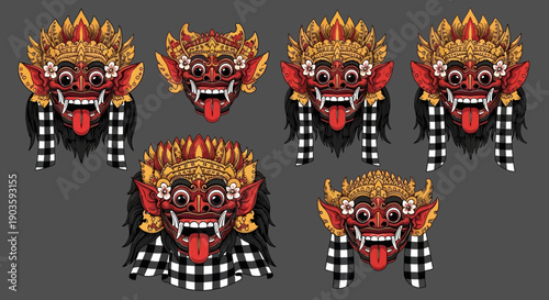 Collection of colorful Rangda masks on a gray background.