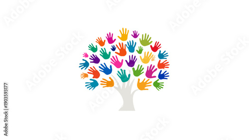 Vibrant colorful handprint tree symbol for diversity, unity, community, support, education, and charity