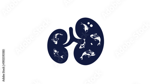 Abstract Human Kidney Organ Illustration with Koi Fish Inside, Symbolic Medical Health and Wellness Graphic Design