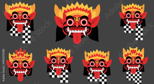 Set of colorful Rangda masks with checkered patterns on dark background.