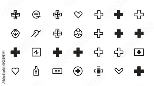 Set of minimalist vector icons: plus, cross, health, medical, heart symbols for UI and digital designs